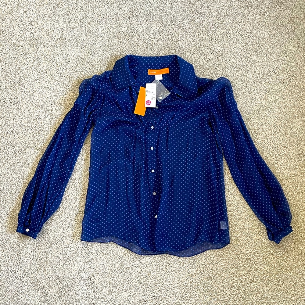 NWT Cynthia Steffe Navy Polka Dot Button Front Blouse w/ Camisole